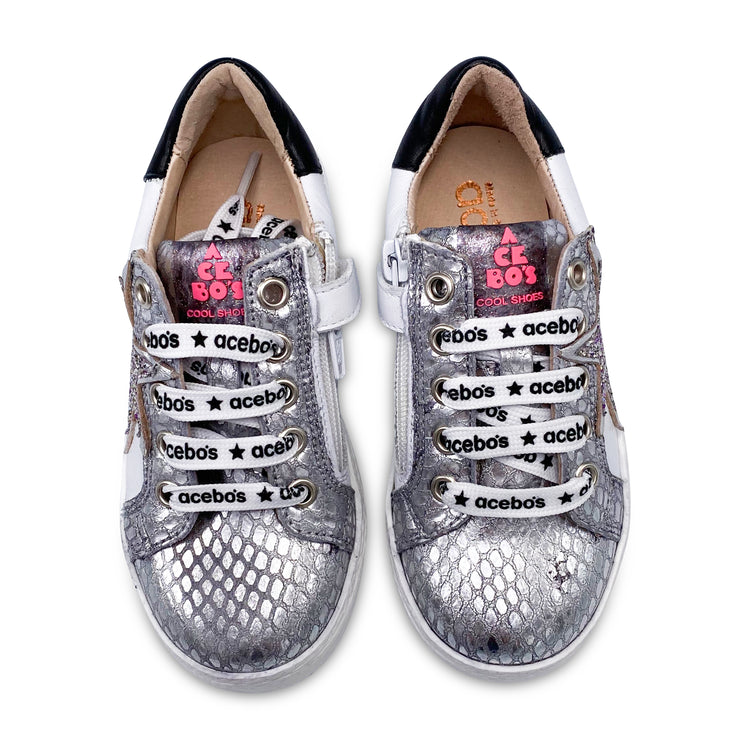 Acebos White Black Silver Star Lace Up Sneaker 9877