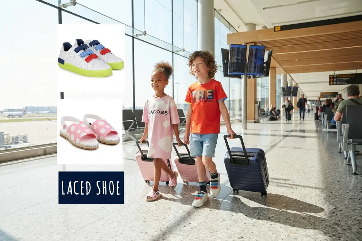 Child wearing designer sneakers while traveling with family.