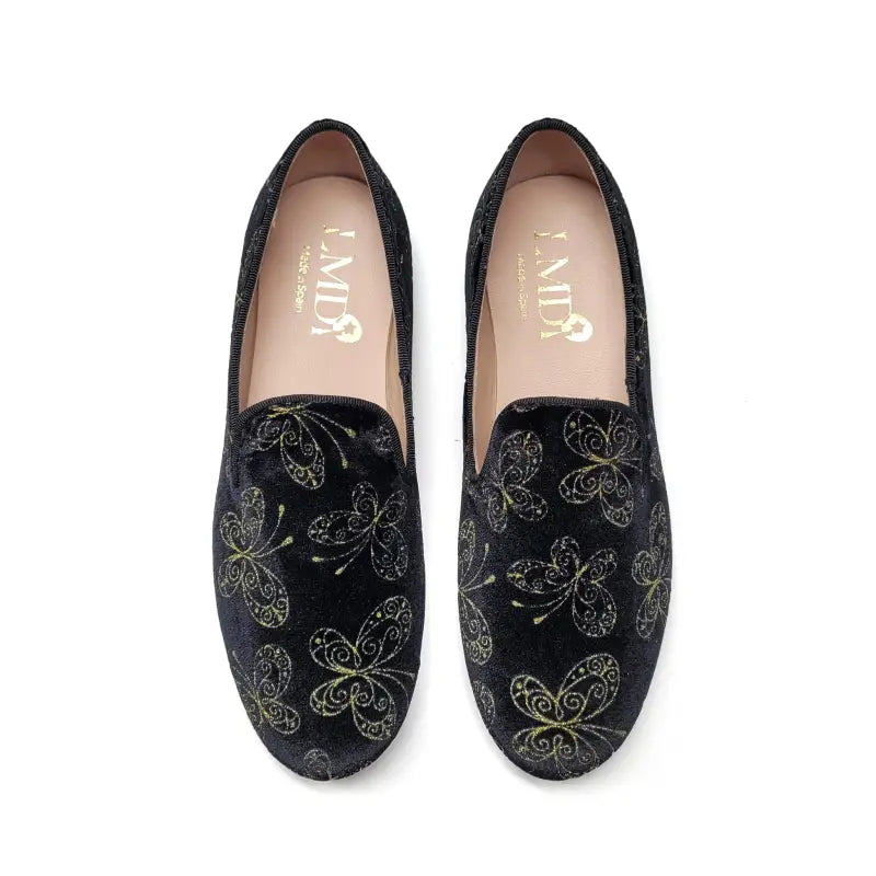 Lmdi sleeper black velvet gold butterfly slip on - smoking shoe