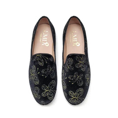 Lmdi sleeper black velvet gold butterfly slip on - smoking shoe