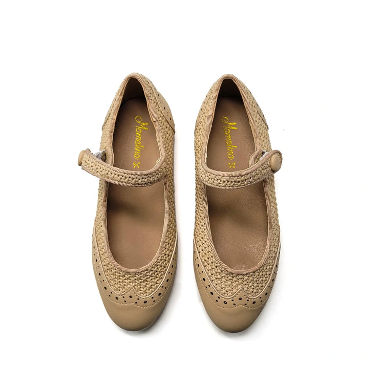 Beige raffia wingtip mary jane shoes fast shipping