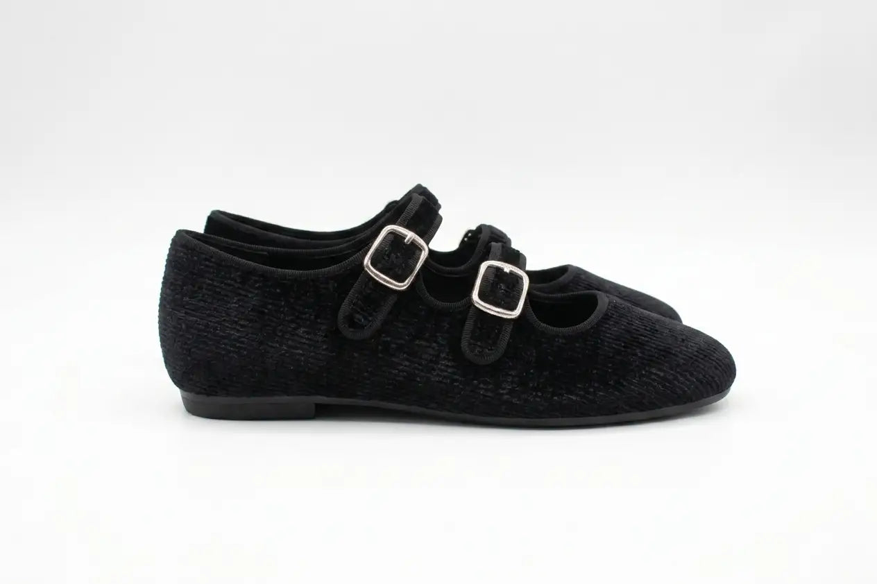 Mamelina black ribbed double strap mary jane | kids fast shipping