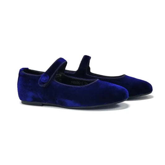 Pair of blue velvet shoes on a white background