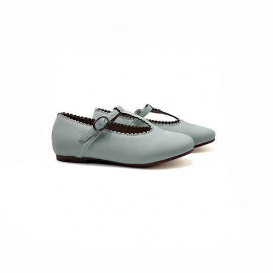 Mamelina dusty blue scalloped leather t-strap shoes fast shipping