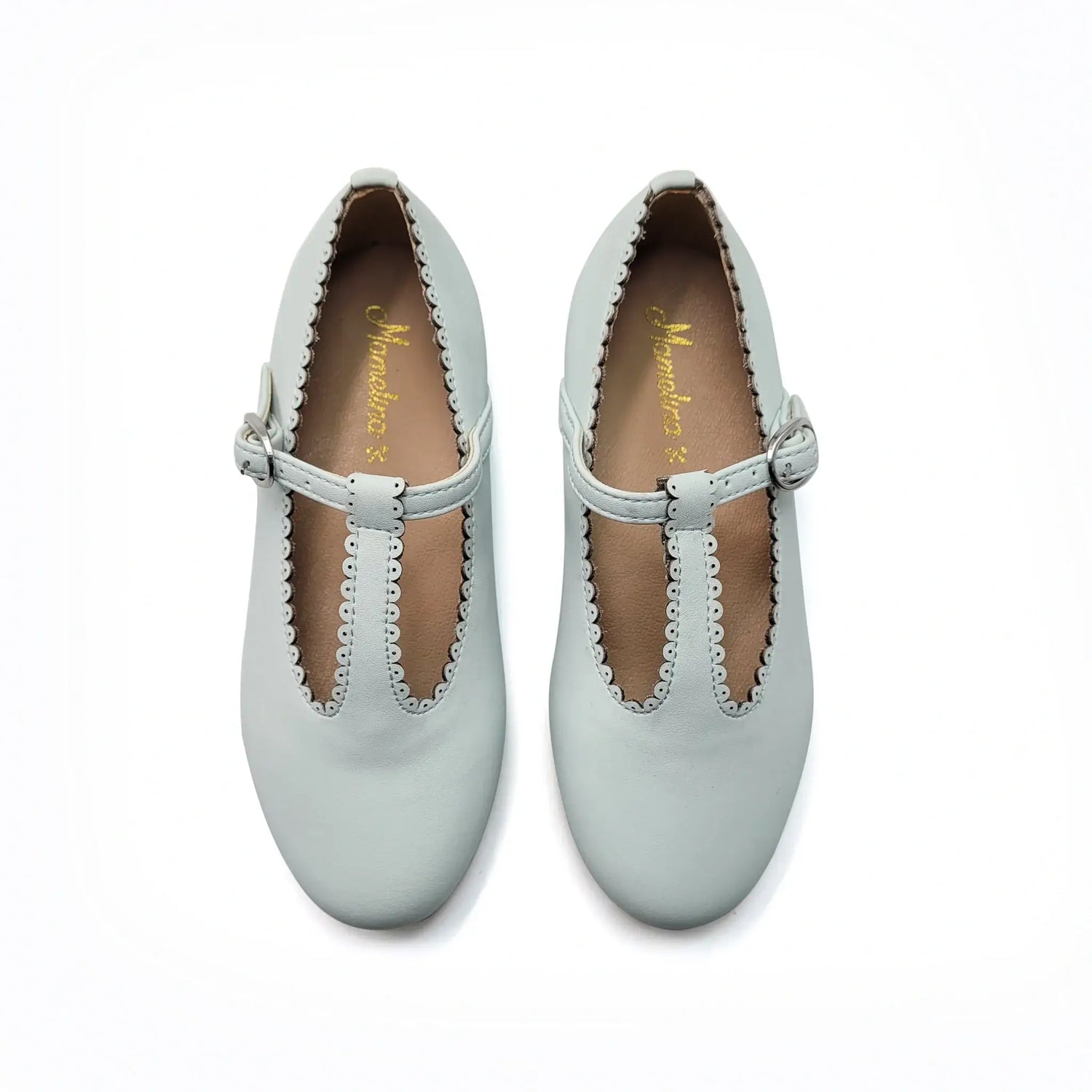 Mamelina Dusty Blue Scalloped Leather T Strap for Big Girls – Laced Shoe Inc