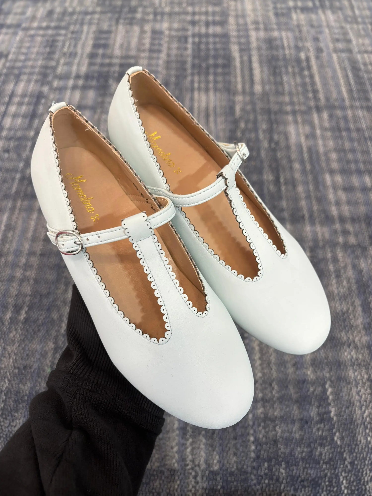 blue ladies dress shoes Mamelina Dusty Blue Scalloped Leather T Strap for Big Girls 37
