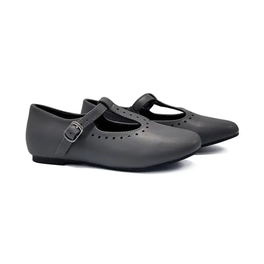 Pair of gray shoes with a buckle on a white background
