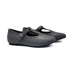 Pair of gray shoes with a buckle on a white background