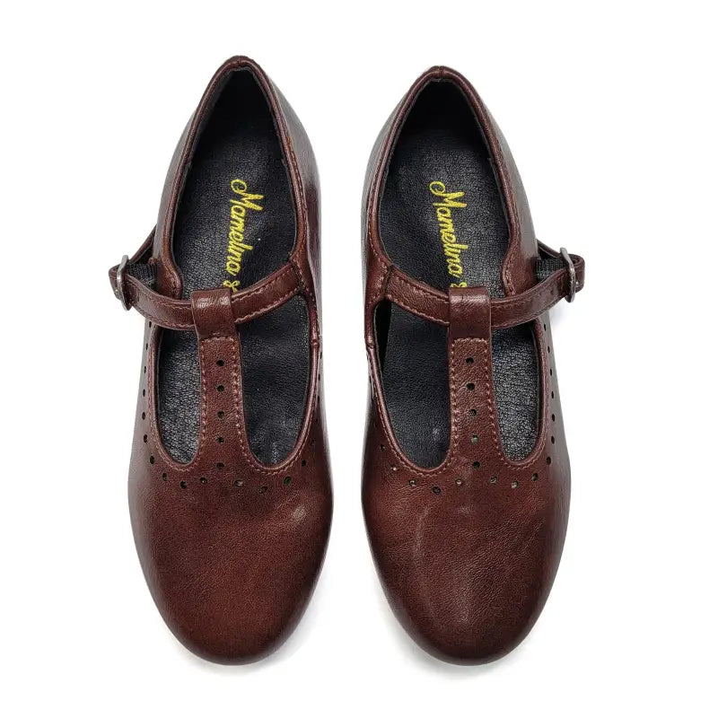 Pair of brown shoes with a visible brand logo on a white background