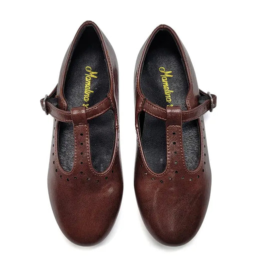 Pair of brown shoes with a visible brand logo on a white background