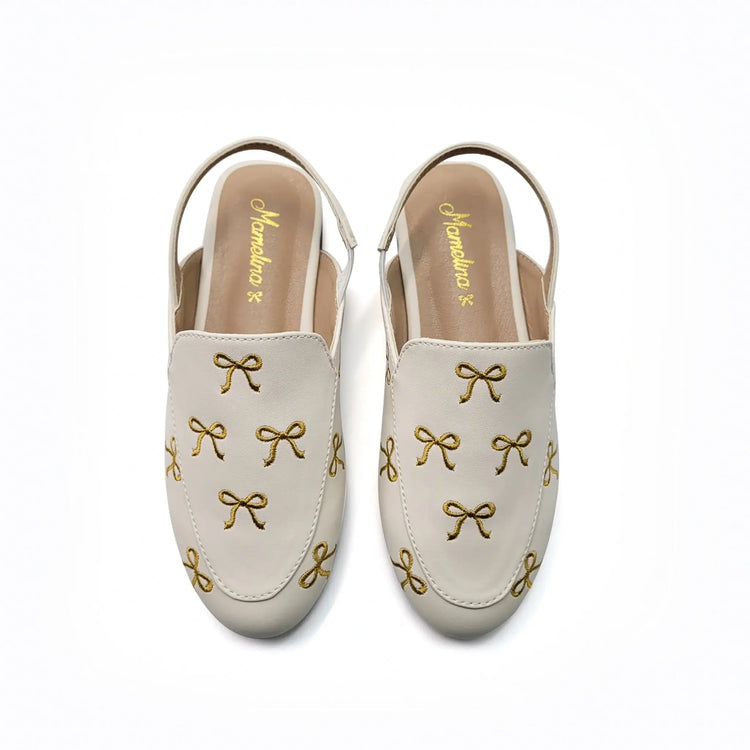 Ivory leather gold bow mule shoes fast shipping