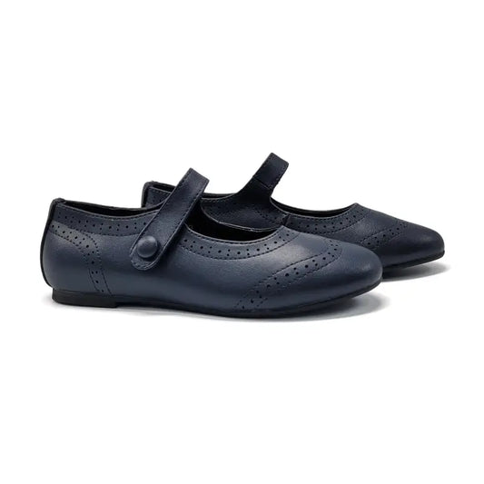 Pair of navy blue shoes with a strap on a white background