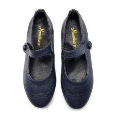 Pair of navy blue shoes with a brand logo on a white background