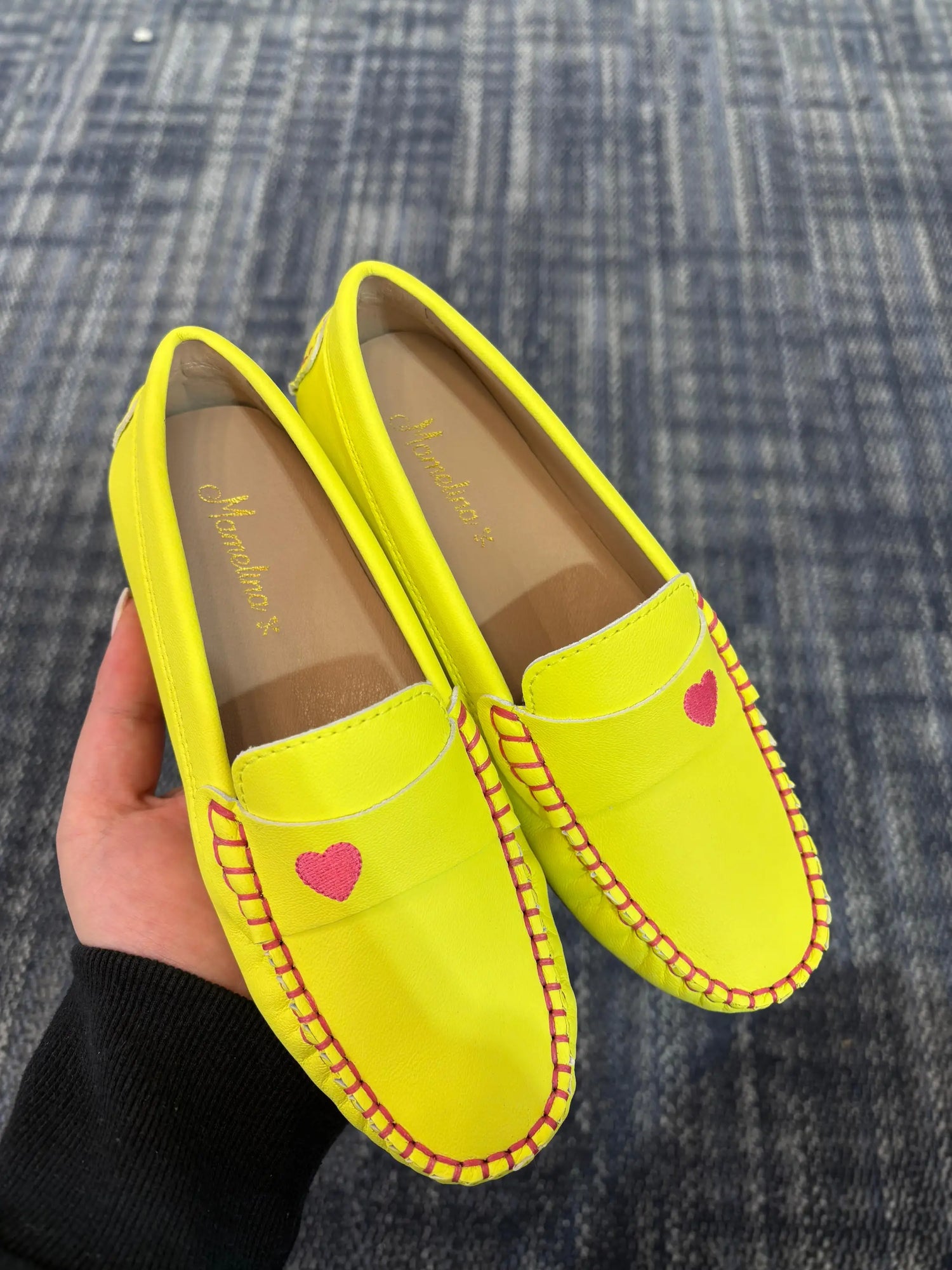 Neon yellow pink heart embroidered loafers fast shipping