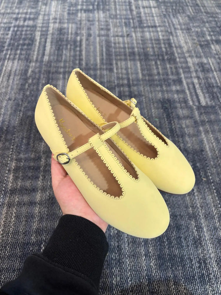 Mamelina pale yellow leather t-strap shoes fast shipping