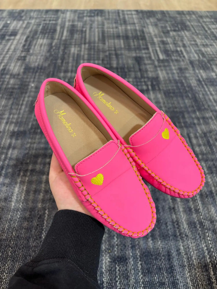 Pink leather loafer with yellow heart stitch fast shipping