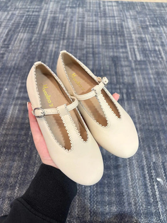 Mamelina sand leather scalloped t-strap shoes fast shipping