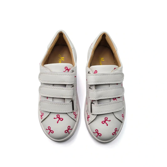 White pink bow embroidered velcro sneakers fast shipping