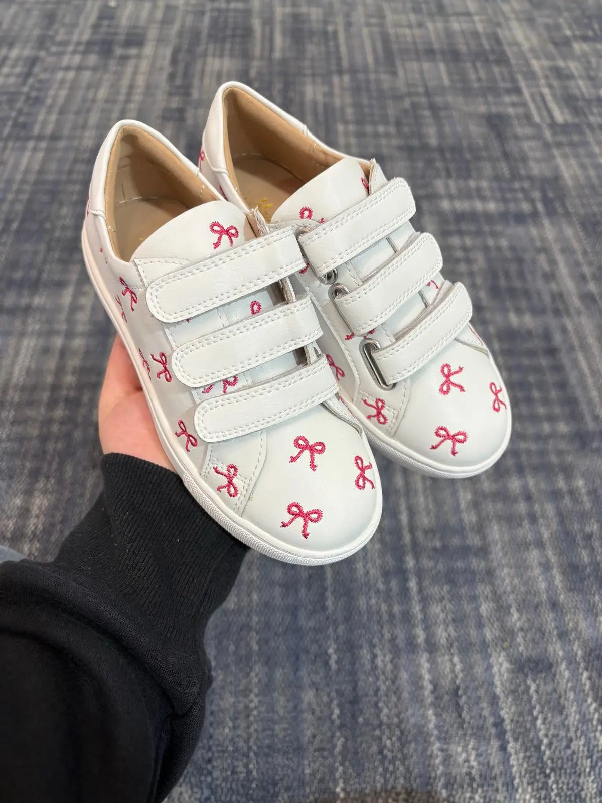 White pink bow embroidered velcro sneakers fast shipping