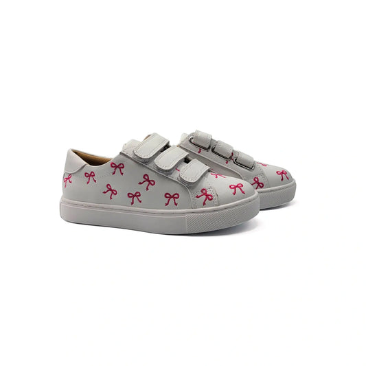 White pink bow embroidered velcro sneakers fast shipping