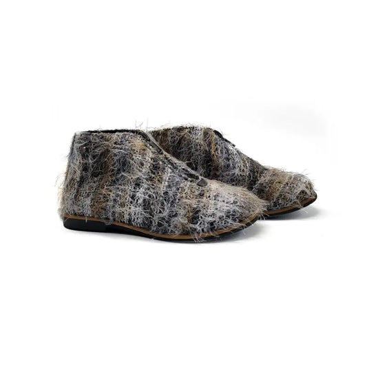 shaggy colored booties with blues browns white with a front zipper for little toddler boys