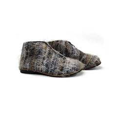 shaggy colored booties with blues browns white with a front zipper for little toddler boys