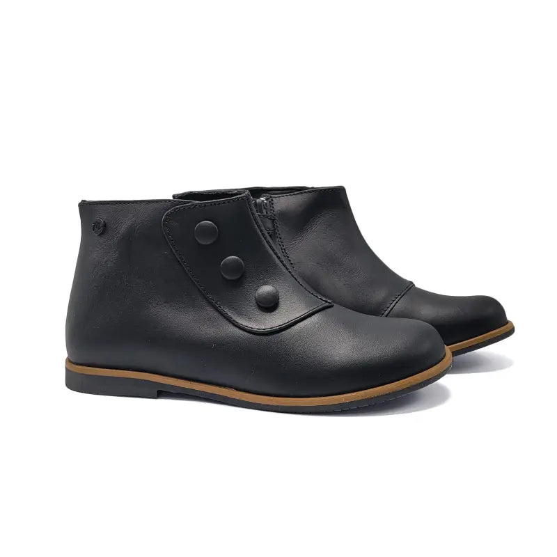 Pair of black leather ankle boots with button details on a white background
