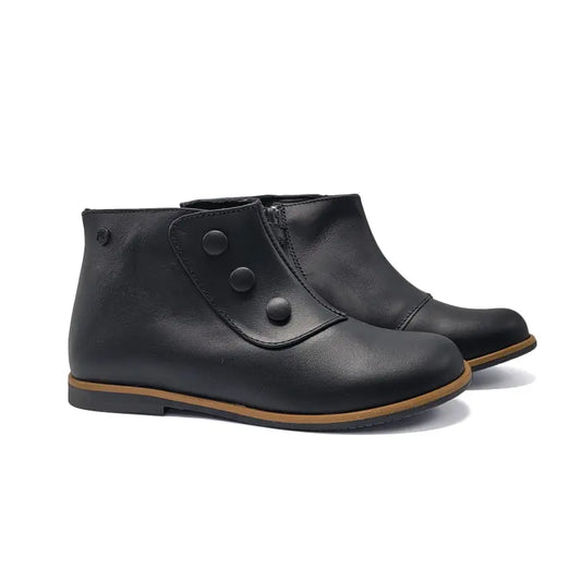Pair of black leather ankle boots with button details on a white background