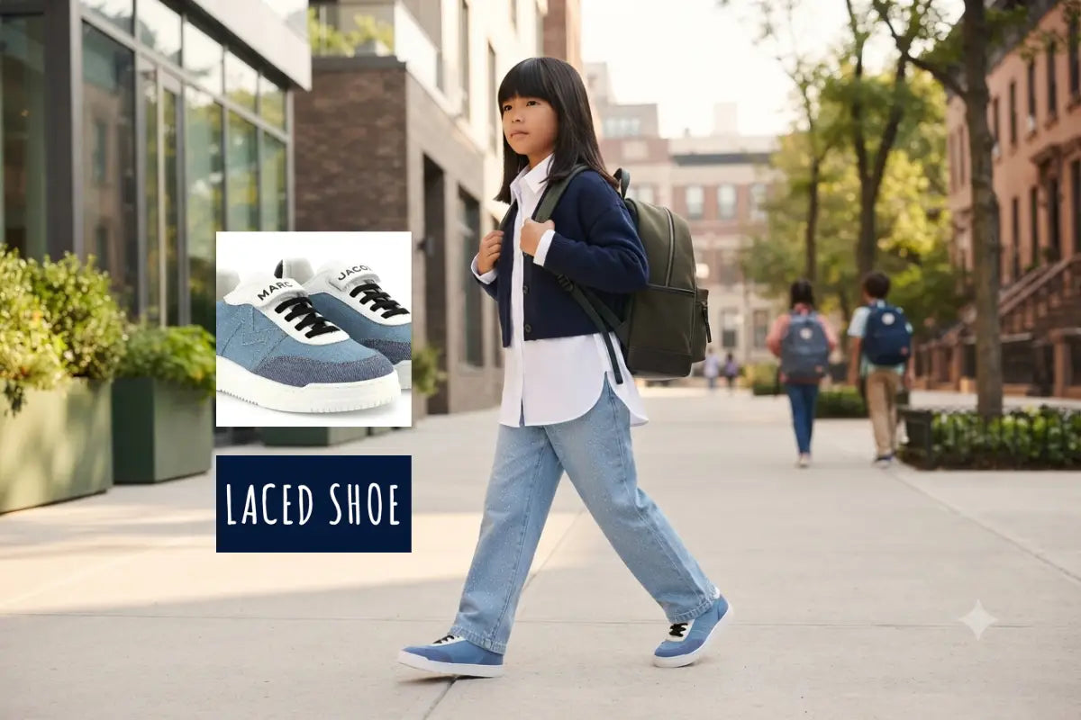 Child wearing Marc Jacobs sneakers walking into school.