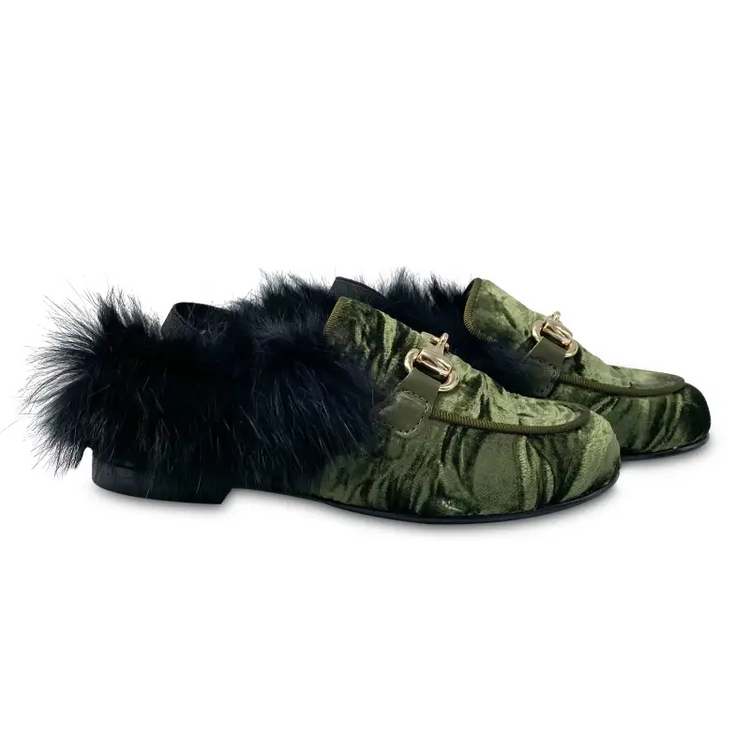 Olive green crushed velvet slingback fur chain mule 3087 - girls