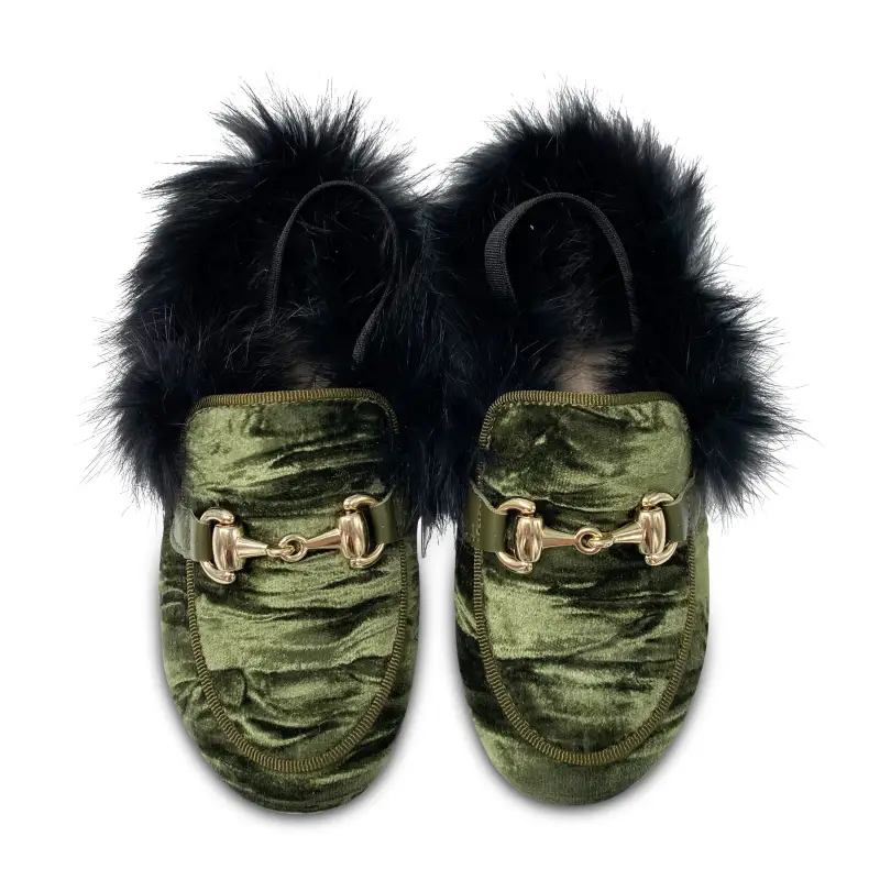 Olive green crushed velvet slingback fur chain mule 3087 - girls