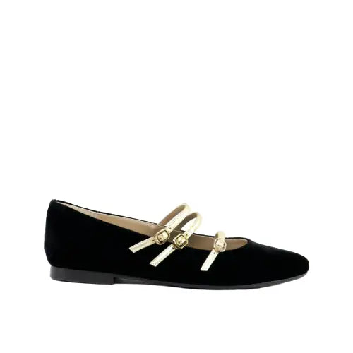 Papanatas black velvet triple gold buckle pointed mary jane 48003ab - girls