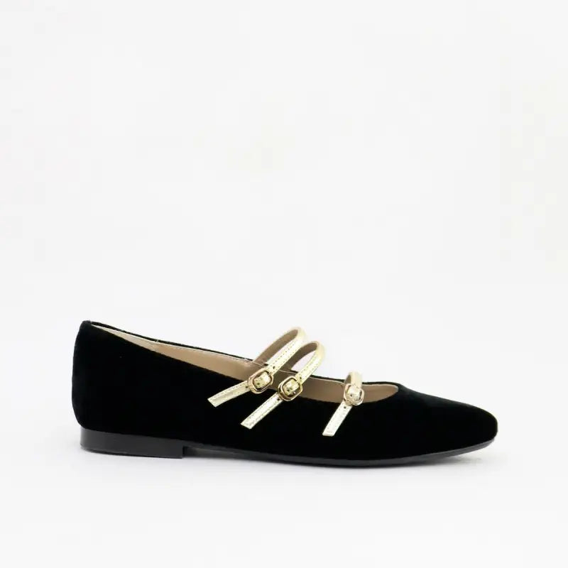 Papanatas black velvet triple gold buckle pointed mary jane 48003ab - girls
