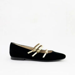 Papanatas black velvet triple gold buckle pointed mary jane 48003ab - girls