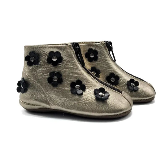 Pepe` gold black floral front zipper bootie 225 - first walker bootie