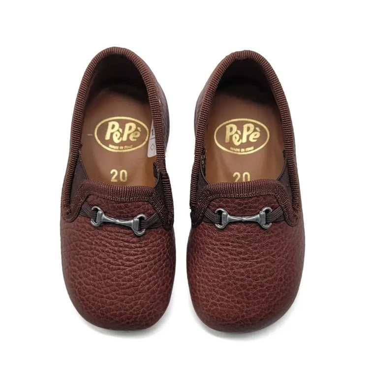 Pair of brown loafers with brand logo on a white background