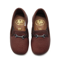 Pair of brown loafers with brand logo on a white background