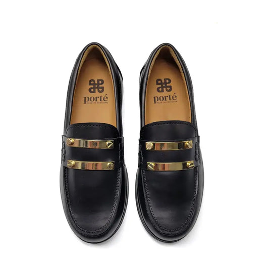 Porte black leather gold slip on loafer 6364 - girls