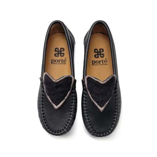 Porte black leather shearling heart slip on loafer 6275 - loafers girls