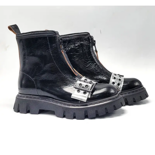 Rondinella black patent silver strap chunky bootie 12206 bootie