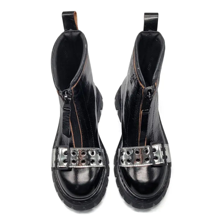 Rondinella black patent silver strap chunky bootie 12206 - bootie