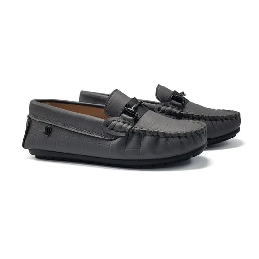 Pair of gray loafers on a white background