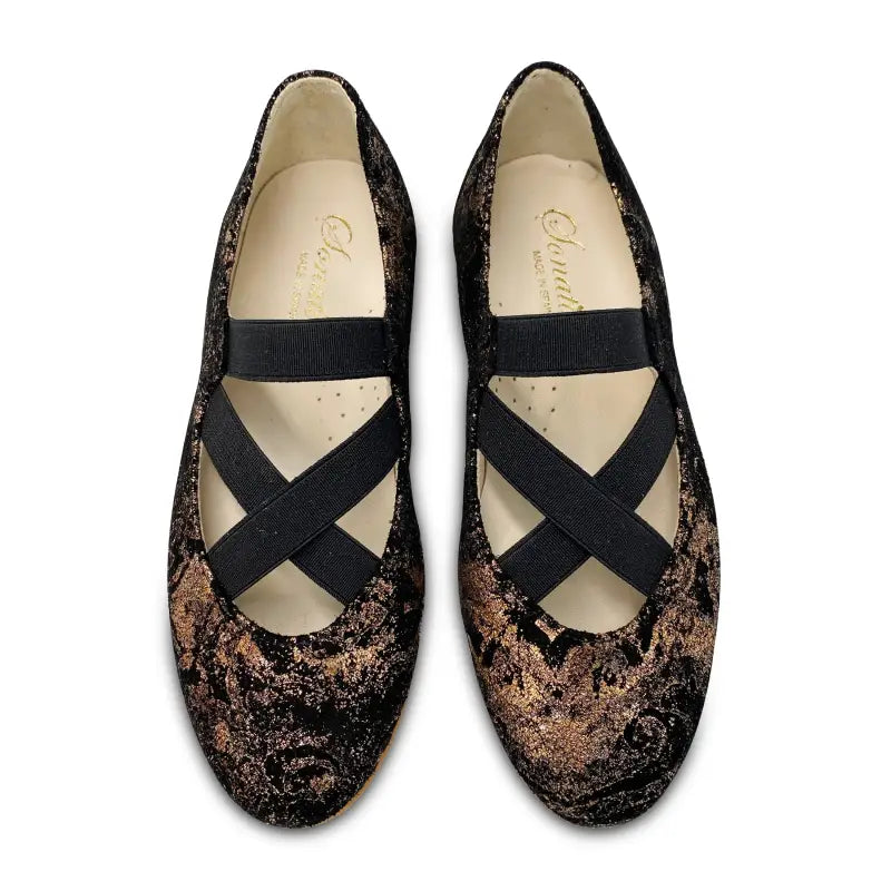 Sonatina lady rose gold black floral elastic slip on - mary jane