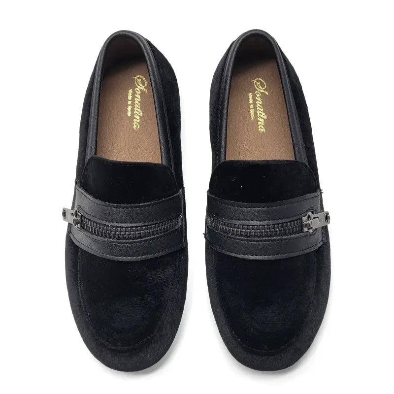 Pair of black loafers with a zipper detail on a white background
