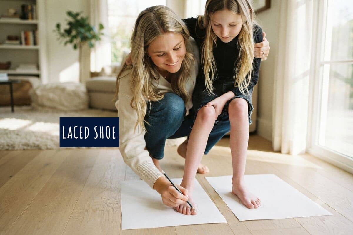 Parent tracing both of a child's feet on paper.
