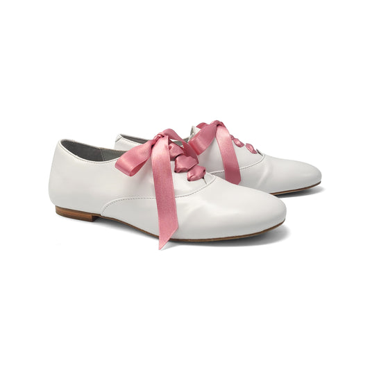 Bellusa Ritch White Leather Pink Ribbon Lace Oxford **Final Sale