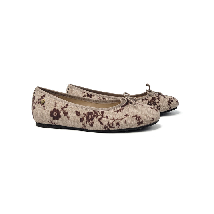 Manuela De Juan Taupe Floral Velvet Ballet Flat S2373