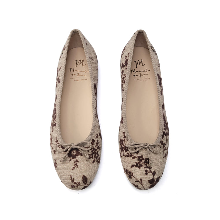 Manuela De Juan Taupe Floral Velvet Ballet Flat S2373