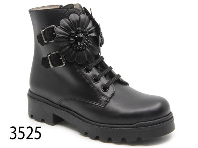 Confetti Black Leather Flowers Combat Boot 3525