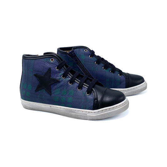 Confetti Navy Blue Green Black Plaid Star Detail High Top Sneaker 3432